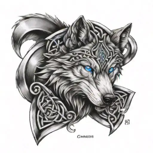 Wolf With Blue Eyes On Armor Tattoo Design Featuring Celtic Trinity Knot Tattoo Idea