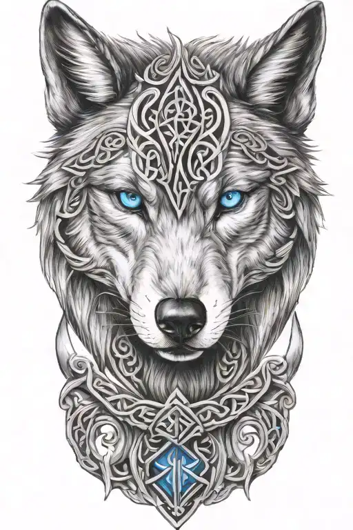 Wolf With Blue Eyes On Armor Tattoo Design Featuring Celtic Trinity Knot Tattoo Idea