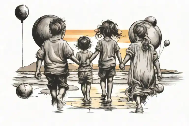 Make A Tattoo Of Two Children Holding Hands At Sunset On The Beach And Balloons In Their Hands