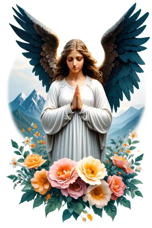 Angel Praying Surrounded By Flowers With Mountains In The Background