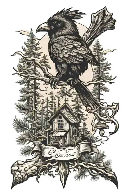Nordic Axe Pine Forest And Raven Flying