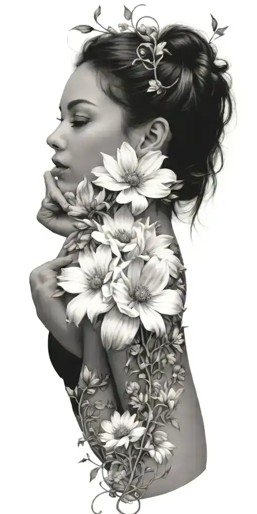 An Intricate Tattoo With A Vine Of Daisys Cosmos Flowers And Roses