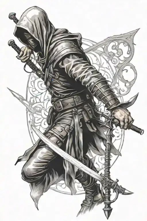 Assassin In Full Growth With Two Swords In