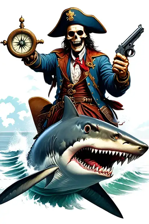 Undead Pirate Captain Holding Compass And Pistol Riding A Shark
