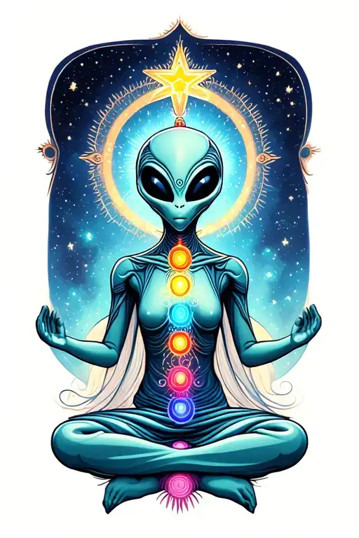 An Alien With Chakras Meditating On A Star