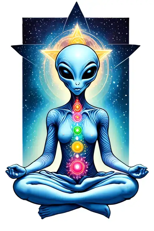 An Alien With Chakras Meditating On A Star