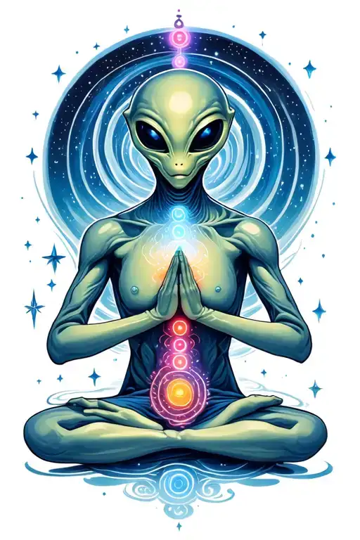 An Alien With Chakras Meditating On A Swirling Cluster Of Stars
