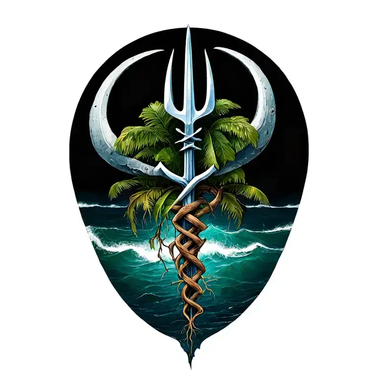 Island Of Barbados Growing From Roots With A Broken Trident Intertwined In The Back