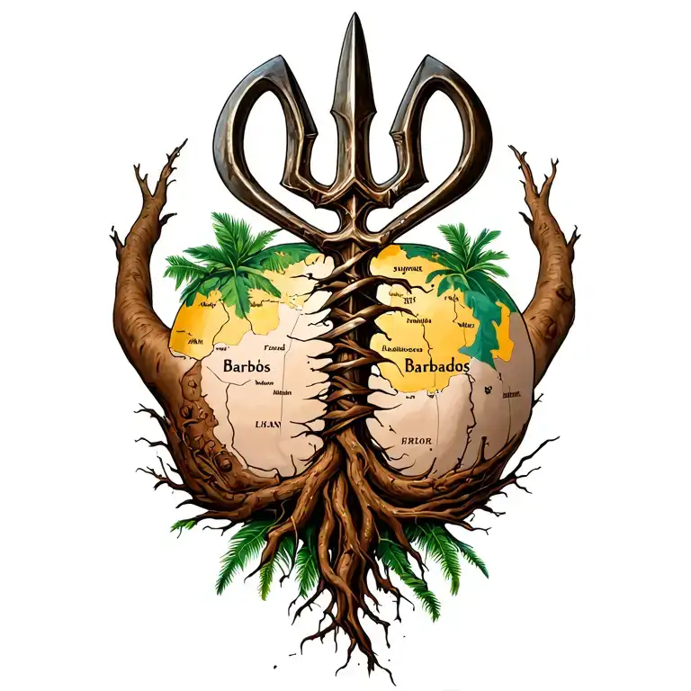 Map Of Barbados Growing From Roots With A Broken Trident Intertwined In The Back
