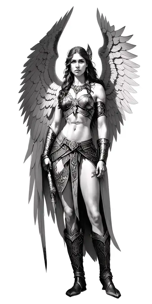 Black And White Prudent Valkyrie Warrior Standing Proudly With Wings