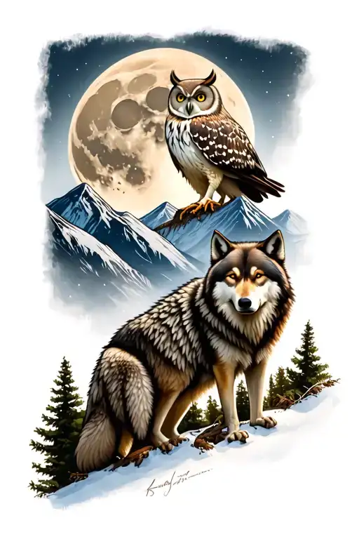 Wolves And An Owl With A Full Moon In A Wooded Mountains