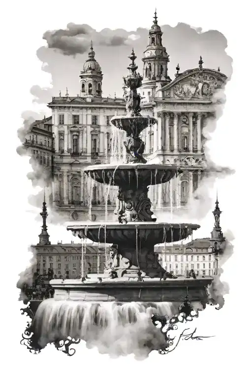 Toret Fountain Turin City Skyline In The Background