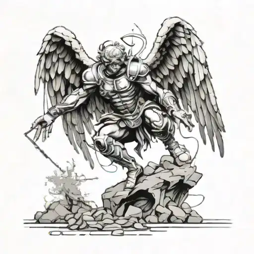 Realistic Archangel Michael Stepping On Head Trash Polka Art Style