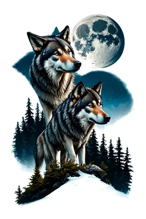 Wolves With A Full Moon In A Wooded Mountains
