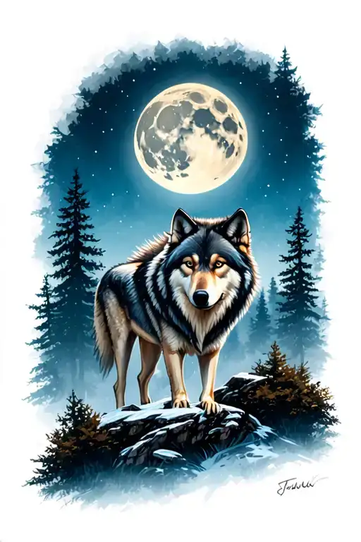 Wolves With A Full Moon In A Wooded Mountains