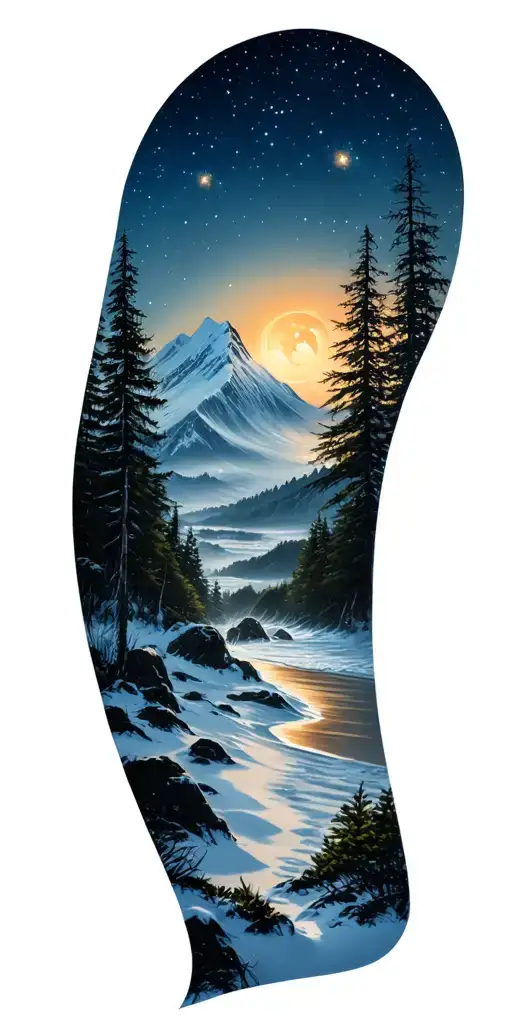 Beach Forest Snow Capped Mountain Range Night Sky