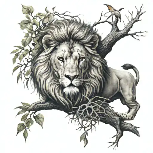A Lion Face With Fenix Wings And Roots From The Tree Of Life