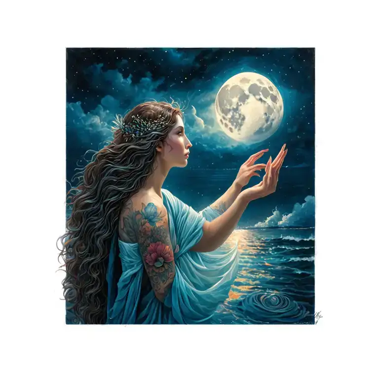 Siren Mother Looking Up At Pisces Son Waxing Gibbous Moon