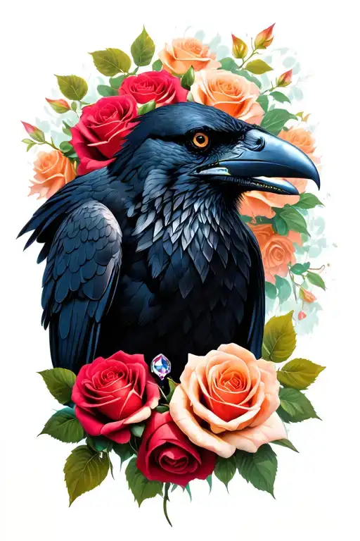 Raven With Jewel In His Mouth Surrounded By Roses