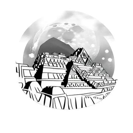 Machu Picchu Underneath The Moon In Front Of A Geometric Circle Background
