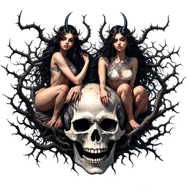2 Demon Girls Riding A Ghost Skull With Thorny Vines