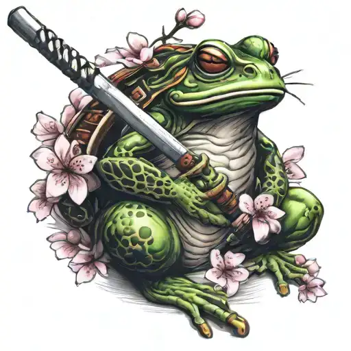 Samurai Frog With Sword And Cherry Blossom Tree