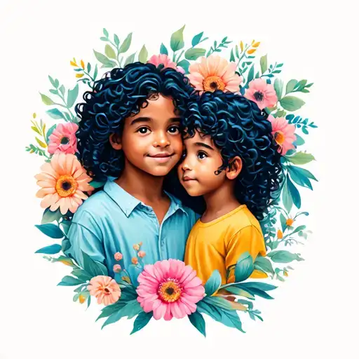 Curly Hair Mother And Son With Flowers Around It