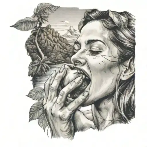 A Woman Biting Into An Apple With Tropical Mountains In The Background