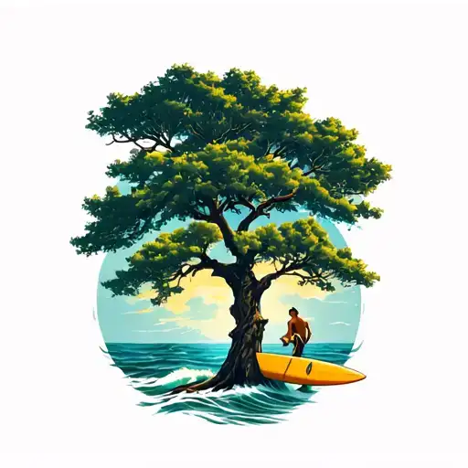 Oak Tree With Surfer Holding A Board