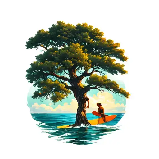 Oak Tree With Surfer Holding A Board