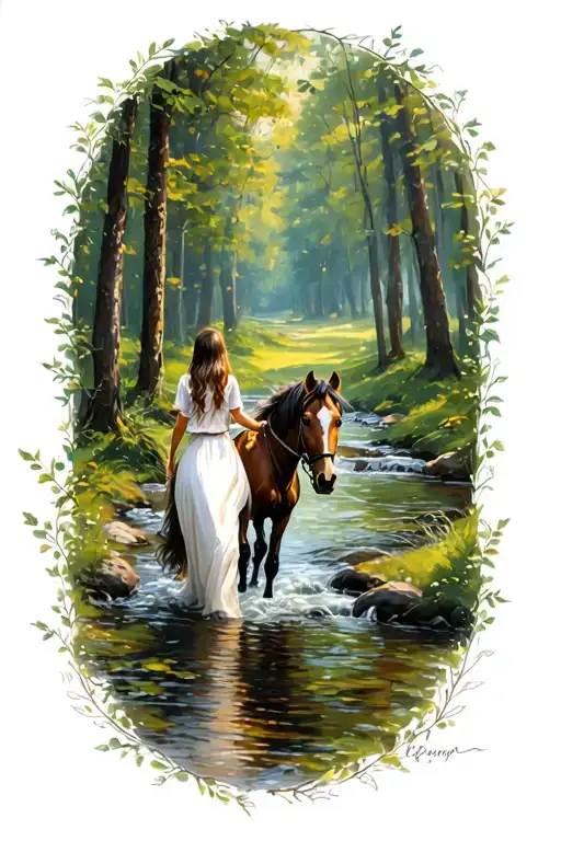 Girl Walking A Horse Through A Forest Stream