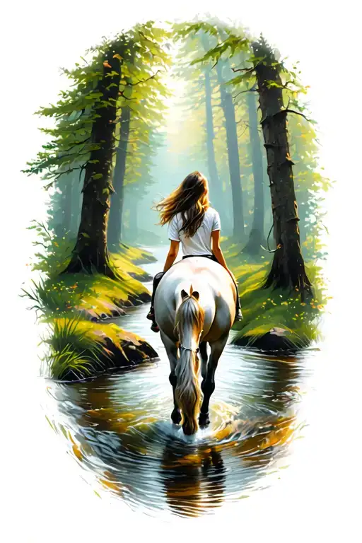 Girl Walking A Horse Through A Forest Stream