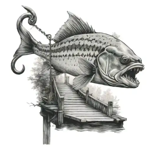 A Fish On A Hook On A Pier In The Middle Of The Forest