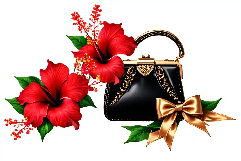 Multiple Red Hibiscus Flowers Around Black Purse And Gold Bow