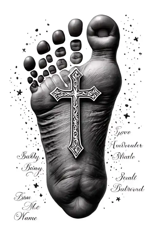 Baby Foot Print With Cross And Name Written