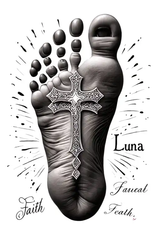 Baby Foot Print With Cross Name Luna Faith Tattoo With Cross
