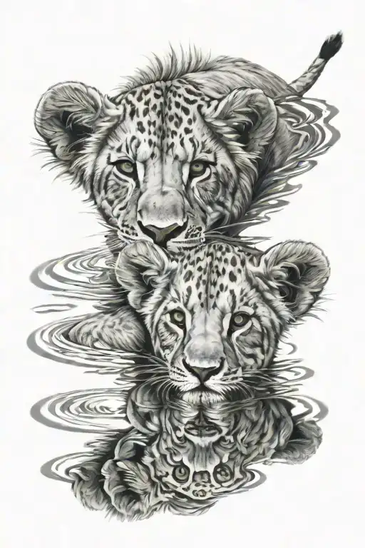 Lion Two Cubs In Reflective Pool