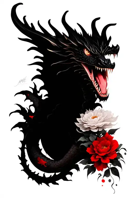 Dragon With Flowers Blackly White With Red Elements Frightening