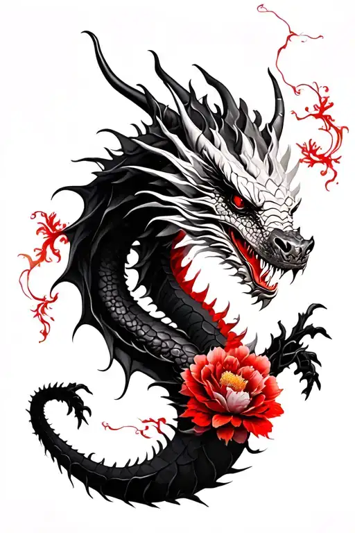 Dragon With Flowers Blackly White With Red Elements Frightening