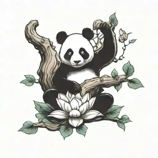 Meditating Panda On A Lotus Flower With A Decorative Tree In The Background Design For A