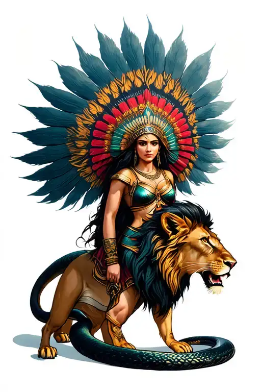 Warrior Princess With Tribal Headdress Over A Lion Over A Serpent Eating Its Own Tail