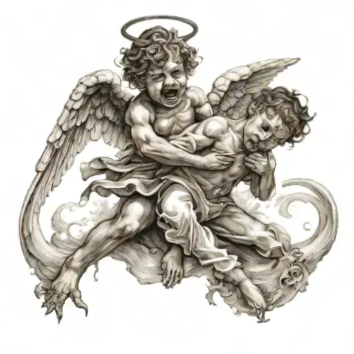An Angel Fighting A Devil On Top Of A Sad Child Head