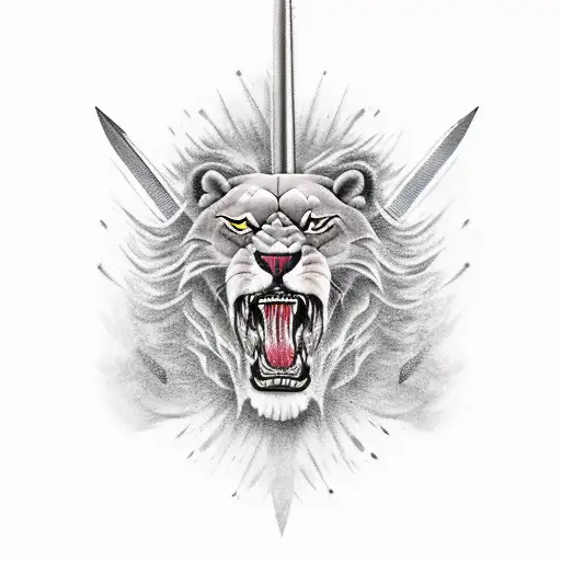 A Tattoo Of A Roaring Lion With A Spearhead And Military Elements