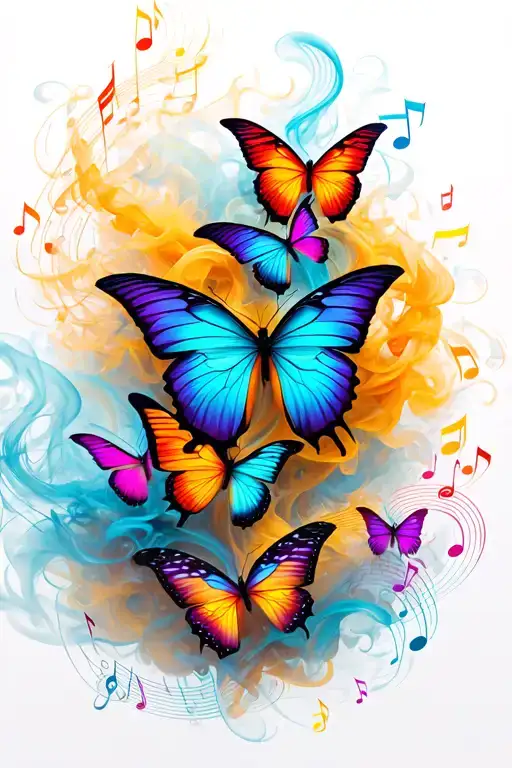 Colorful Butterflies And Music Notes In Swirling Smoke And Lines