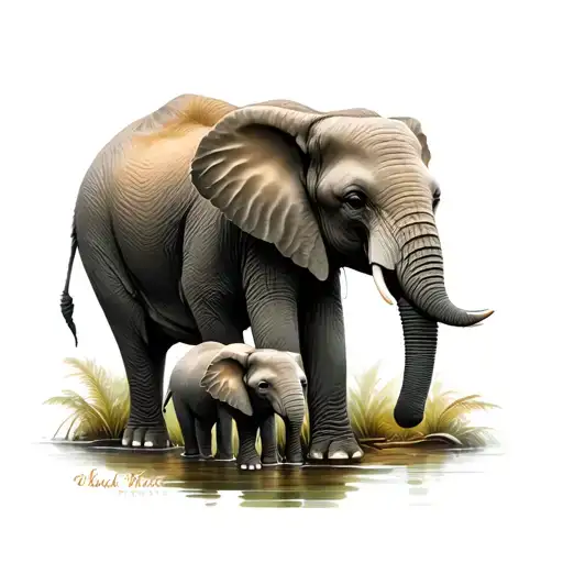 Elephant With 2 Baby Elephants In Nature