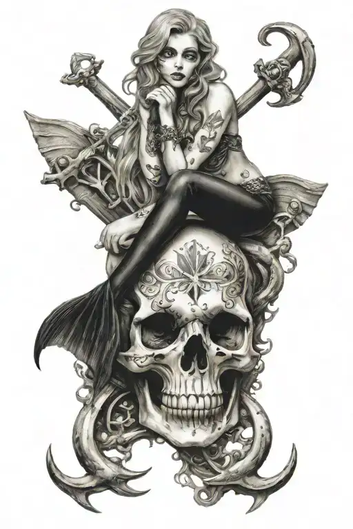 Mermaid Kisses A Scull And Sits On A Large Anchor