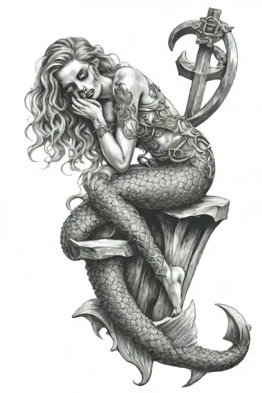 Mermaid Sits On A Large Anchor And Kisses A Scull And Keep It In Her Arms