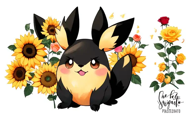 Flareon And Sprigatito Smiling Surrounded Of Sunflowers And Roses