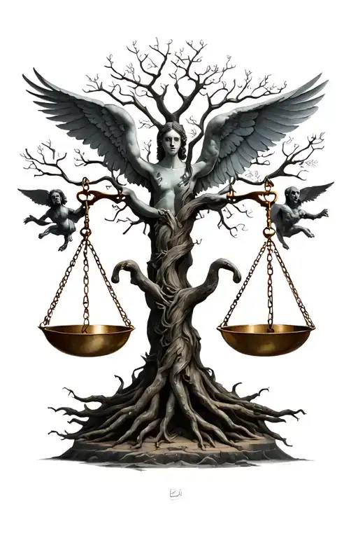 Demonic Libra Scales Intertwined With The Tree Of Life Has Angel And Demons In The Scales