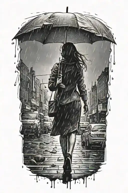 Woman Silhouette With An Umbrella Getting Rained